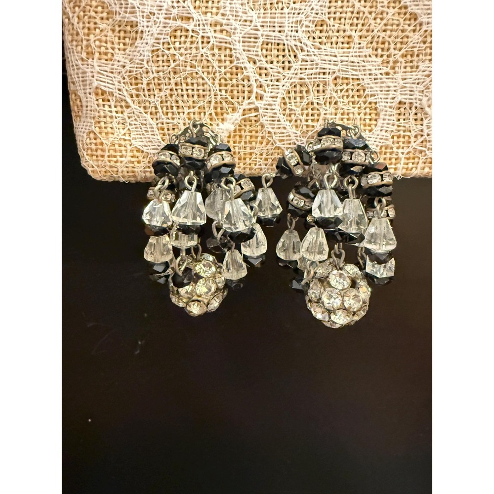 Vintage Rhinestone Chandelier Clip-On Earrings Dangles 50s Glam Costume Jewelry - Picture 2 of 3